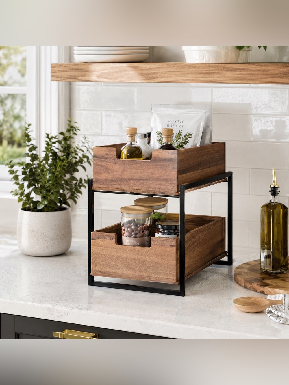 Wooden 2-Tier Kitchen Storage Organizer - Brown